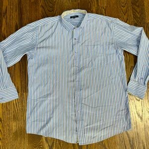 Bogari Men's‎ Blue White Striped Band Collar Button-Up Shirt Floral Trim L